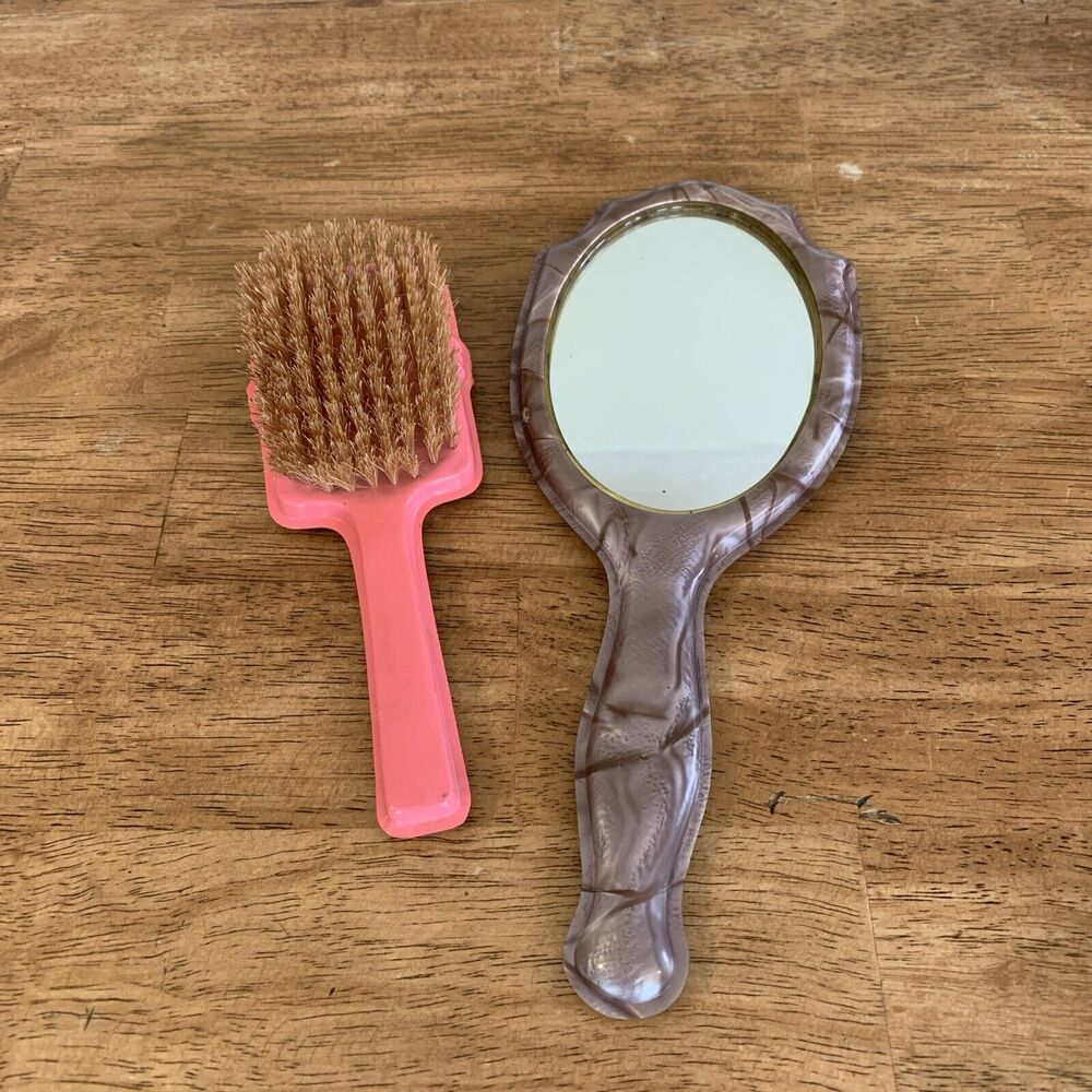 Vintage Vanity Mirror Brush ~ Retro ~ Pink ~ Plastic ~ Teen